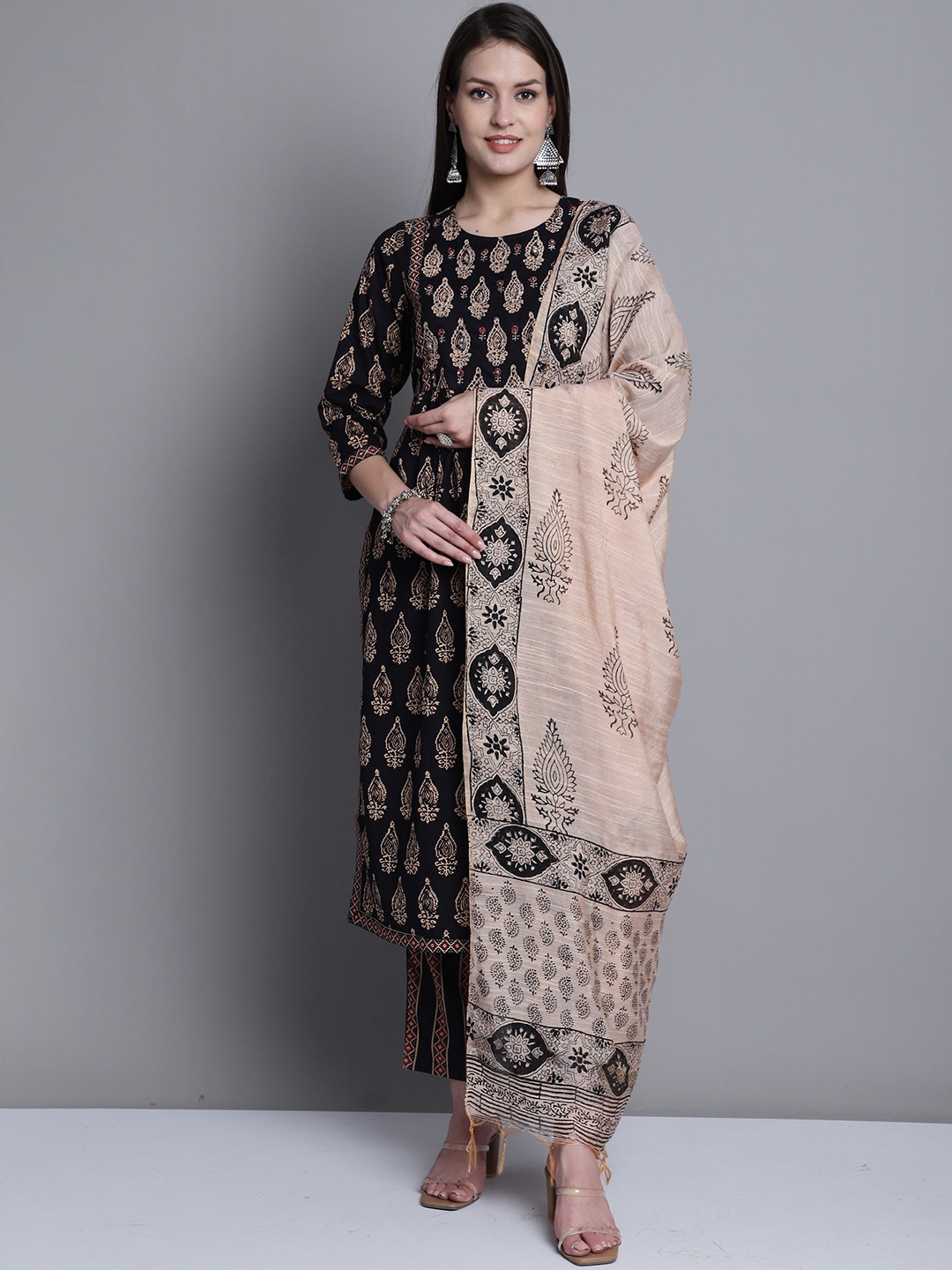 

Rajnandini Ethnic Motifs Printed Pure Cotton Kurta & Trousers With Dupatta, Black