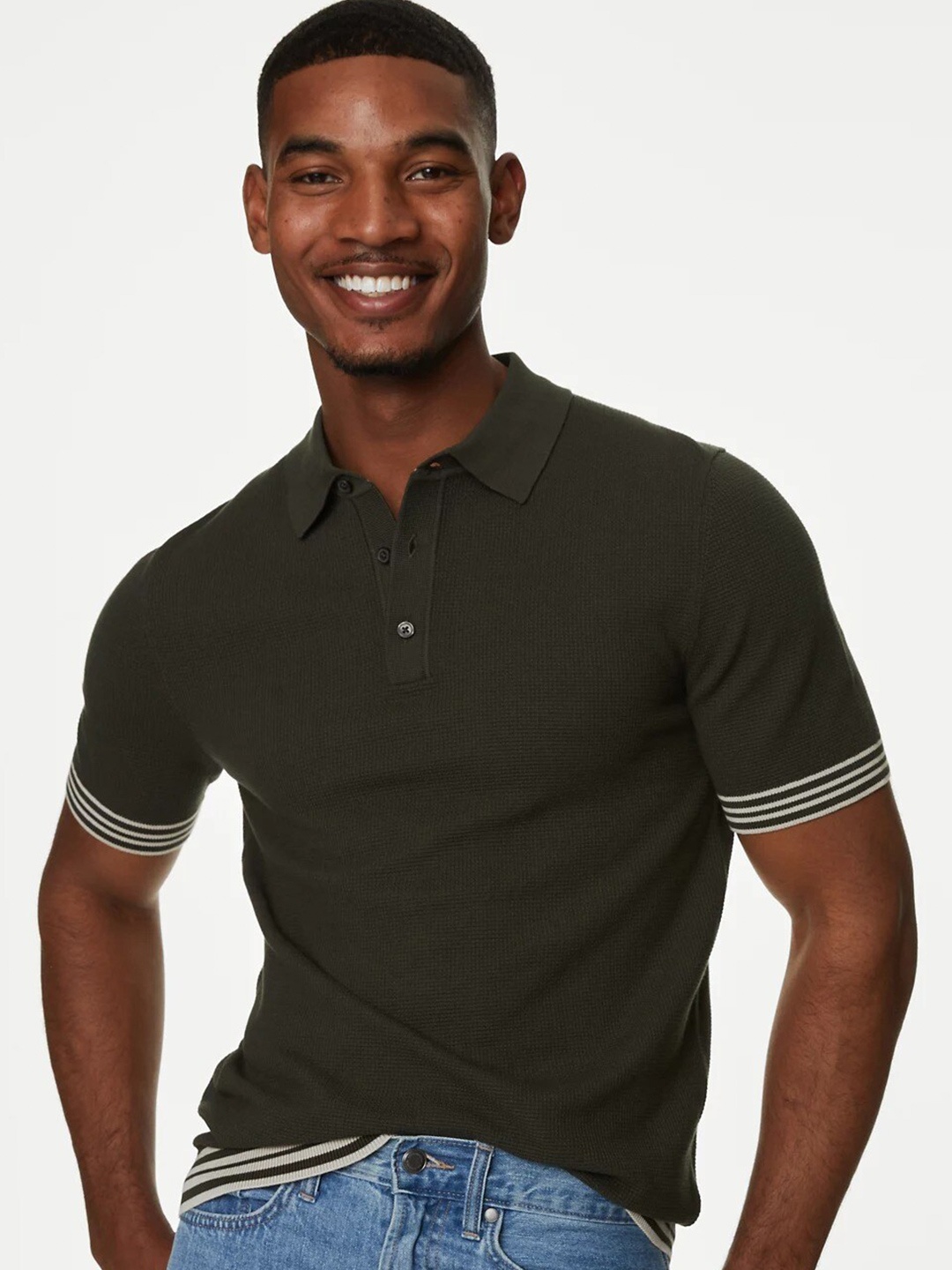 

Marks & Spencer Self Design Polo Collar Casual T-shirt, Khaki