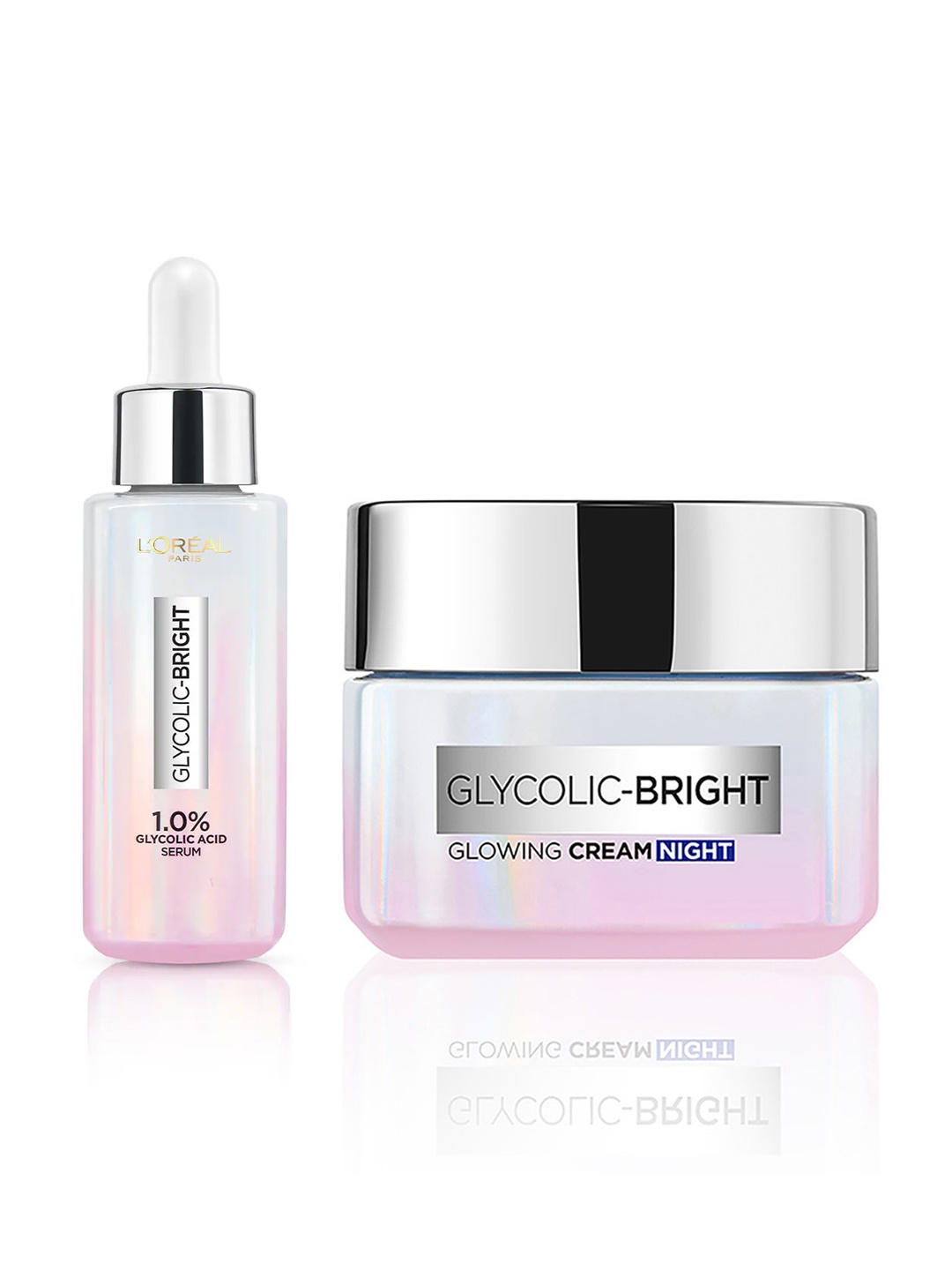 

LOreal Set of Glycolic Bright Glowing Night Cream 15 ml & Skin Brightening Serum 15 ml, Pink