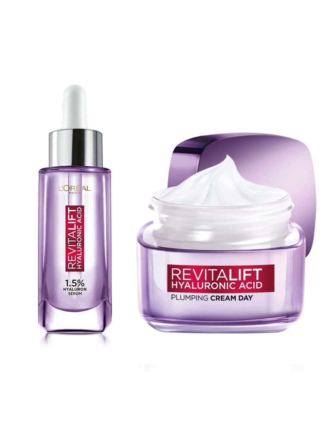 

LOreal Set of Revitalift Hyaluronic Acid Serum 15 ml & Plumping Day Cream 50 ml, Purple