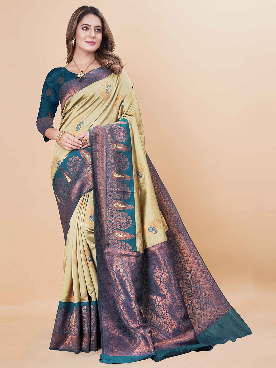

KALINI Woven Design Zari Art Silk Paithani Saree, Teal