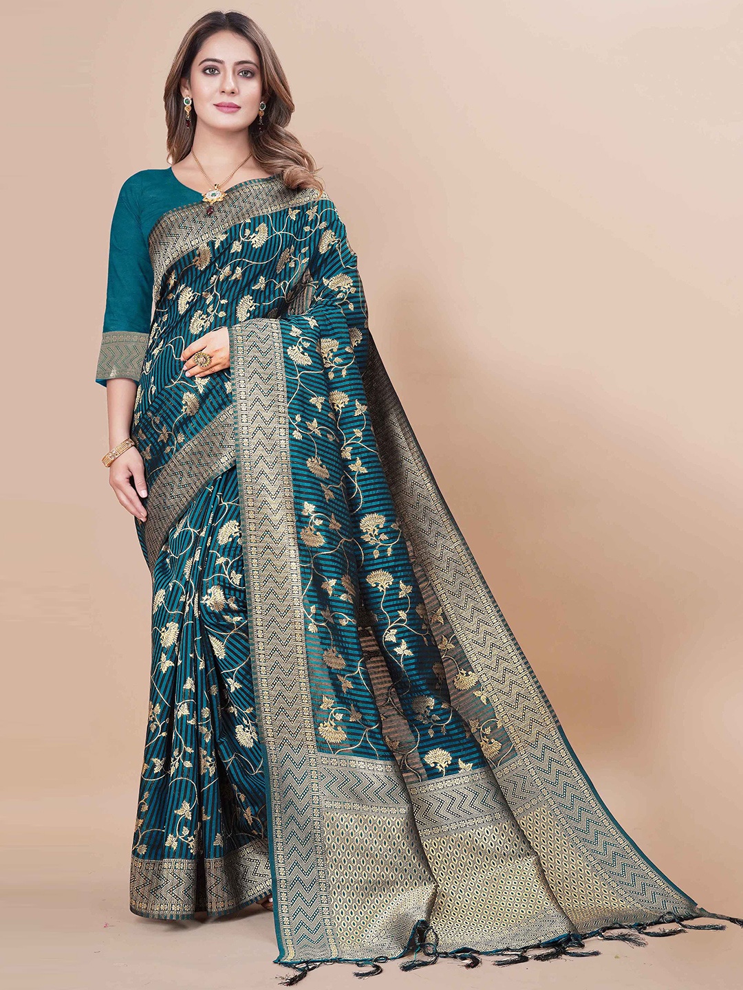 

KALINI Woven Design Zari Art Silk Paithani Saree, Teal