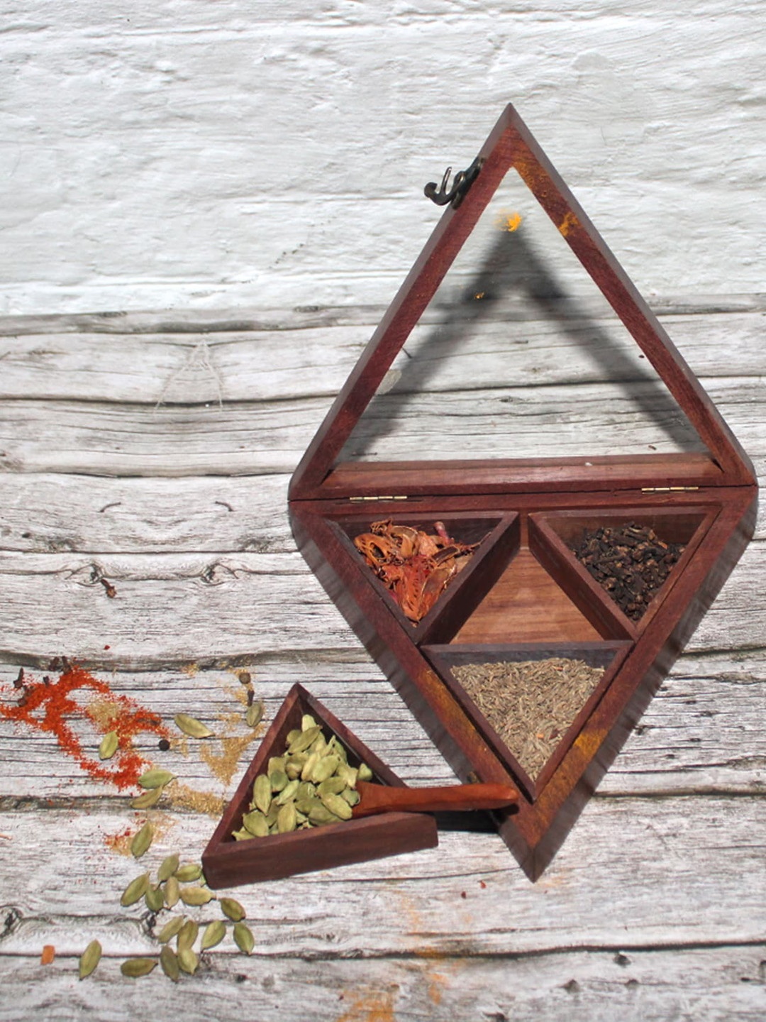 

SHREE KALA HOME DECOR Brown Triangle Wooden Spice Box With Spoon
