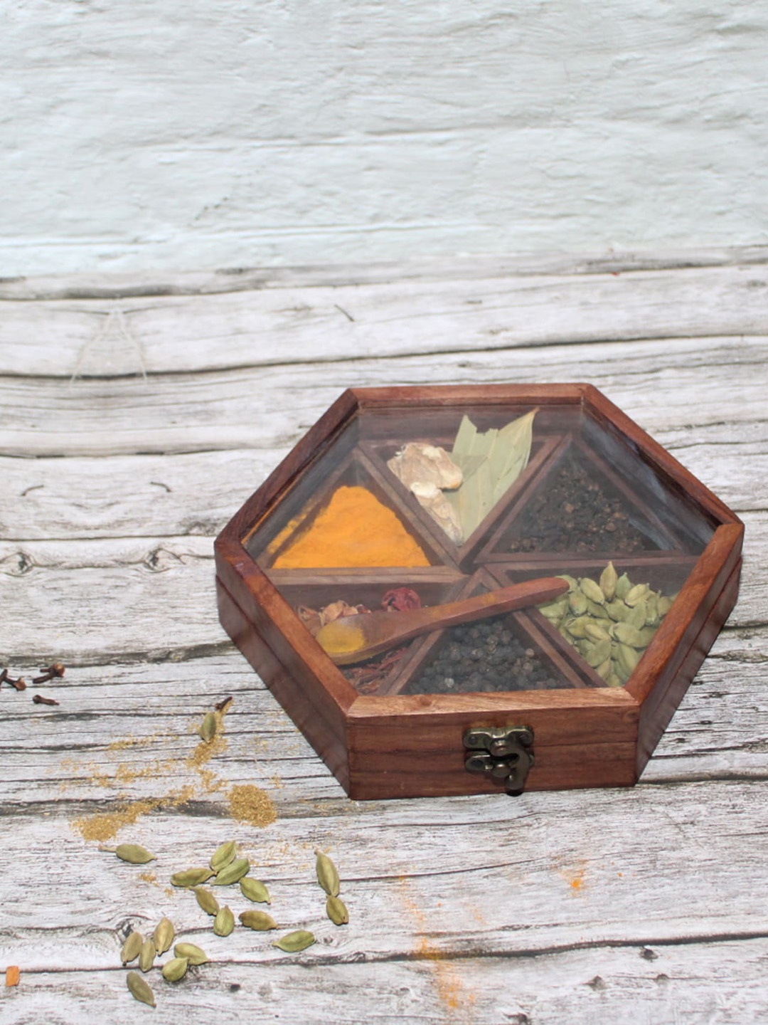

SHREE KALA HOME DECOR Brown Hexagon Wooden Spice Box With Spoon