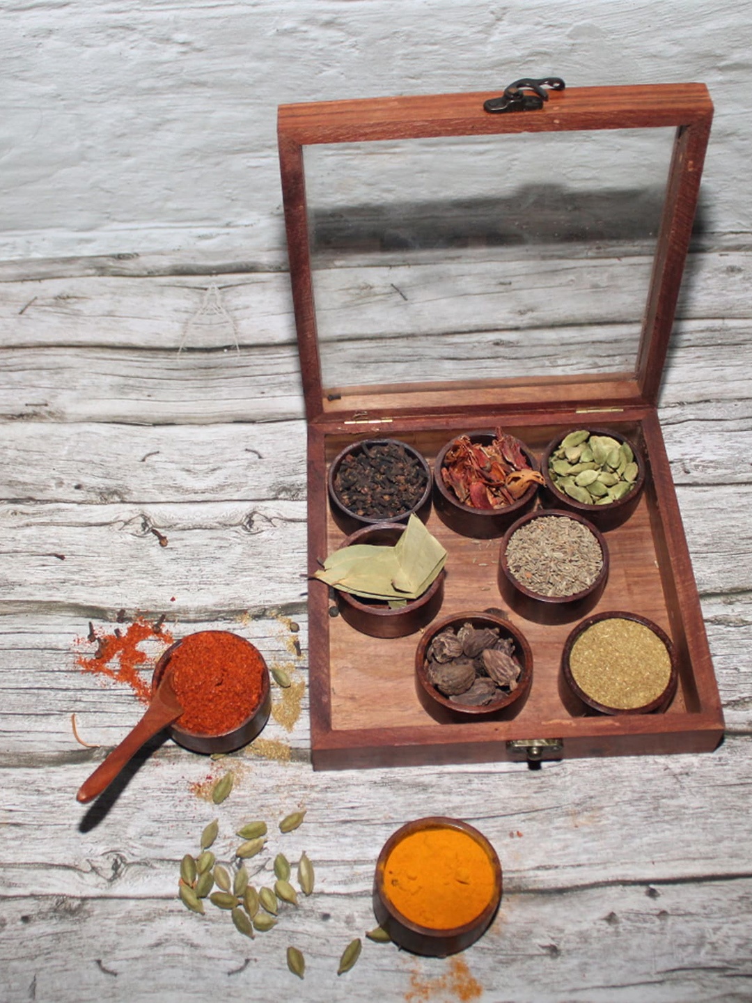 

SHREE KALA HOME DECOR Brown Wooden Spice Box With 9 Circular Containers