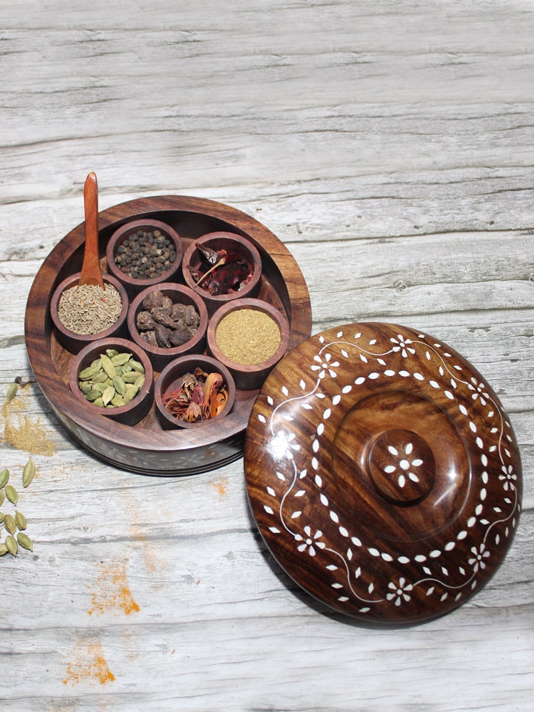 

SHREE KALA HOME DECOR Brown Round Wooden Spice Box With Spoon