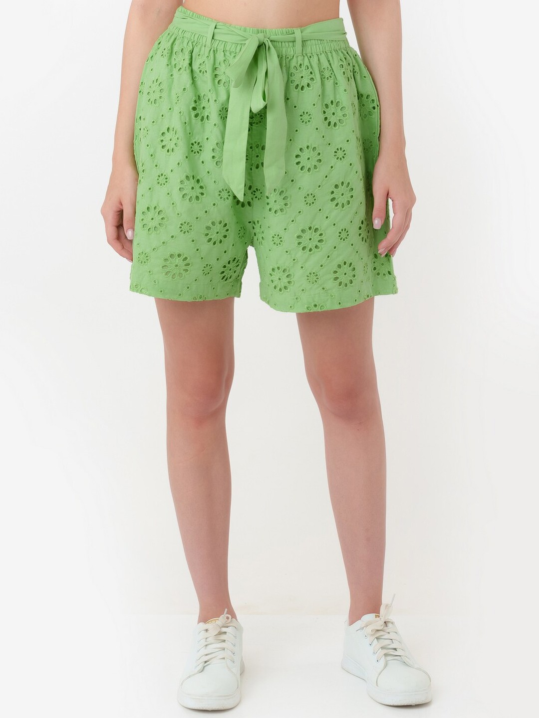 

Zink London Women High-Rise Cotton Casual Shorts, Green