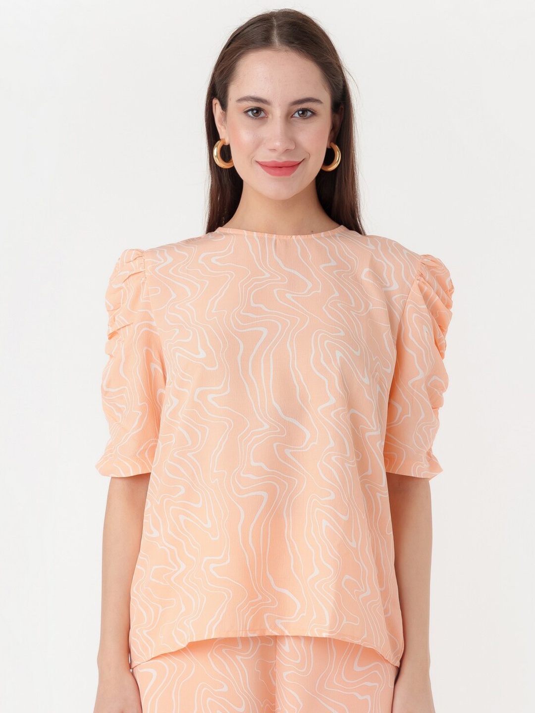 

Zink London Abstract Printed Puff Sleeves Top, Peach