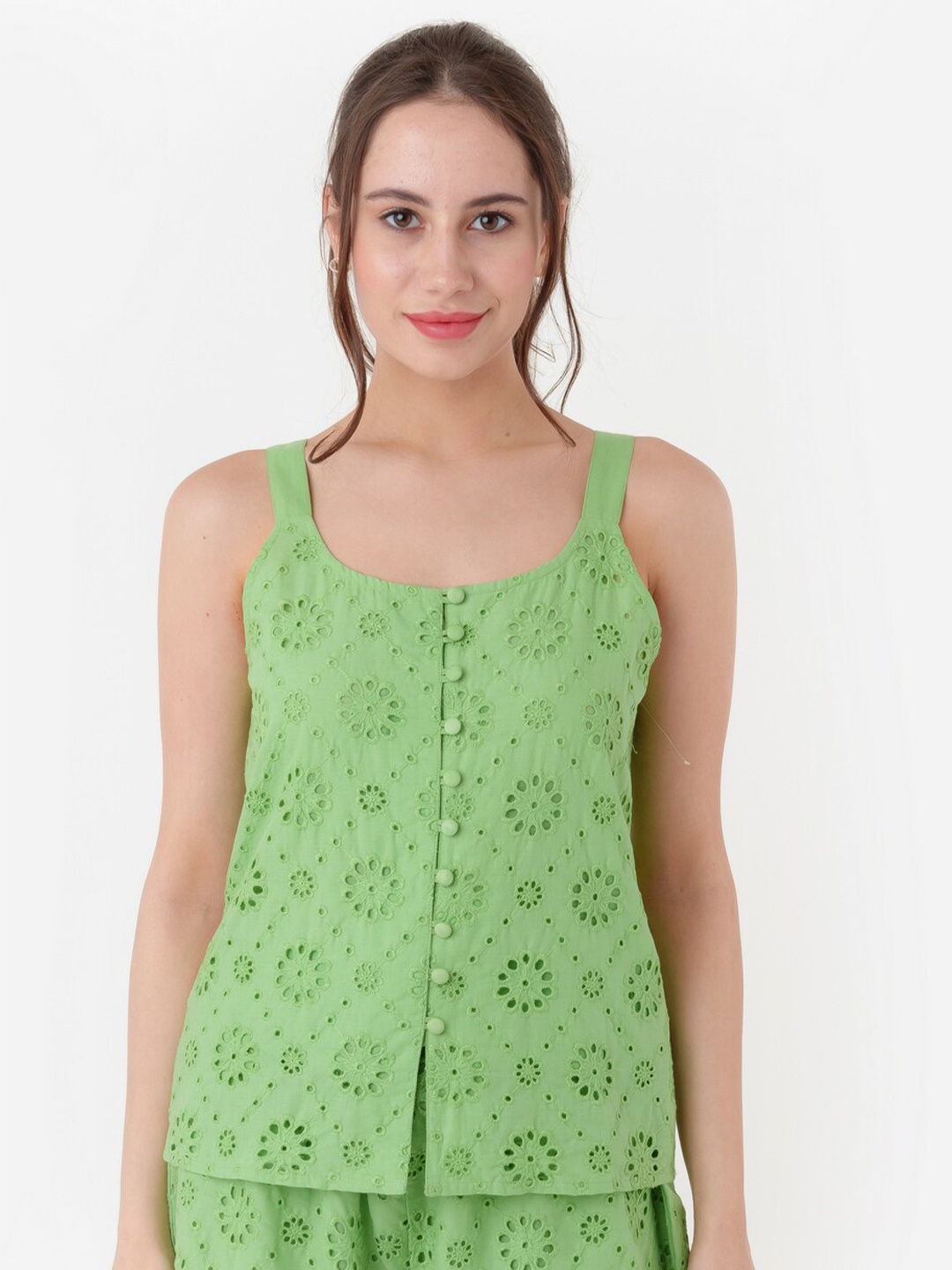 

Zink London Self Design Schiffli Shoulder Straps Pure Cotton A-Line Top, Green