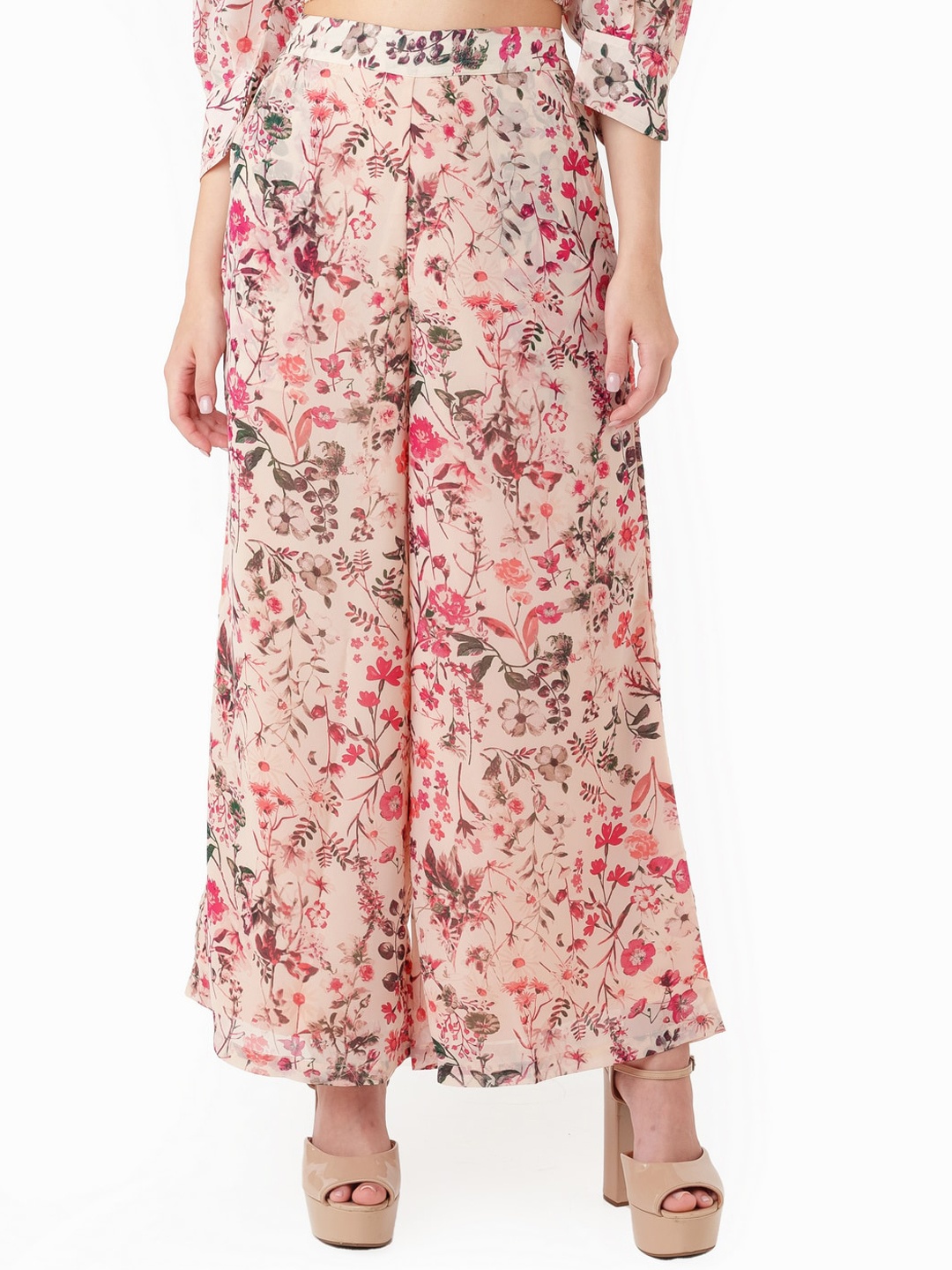 

Zink London Women Floral Printed High Rise Plain Parallel Trousers, Beige