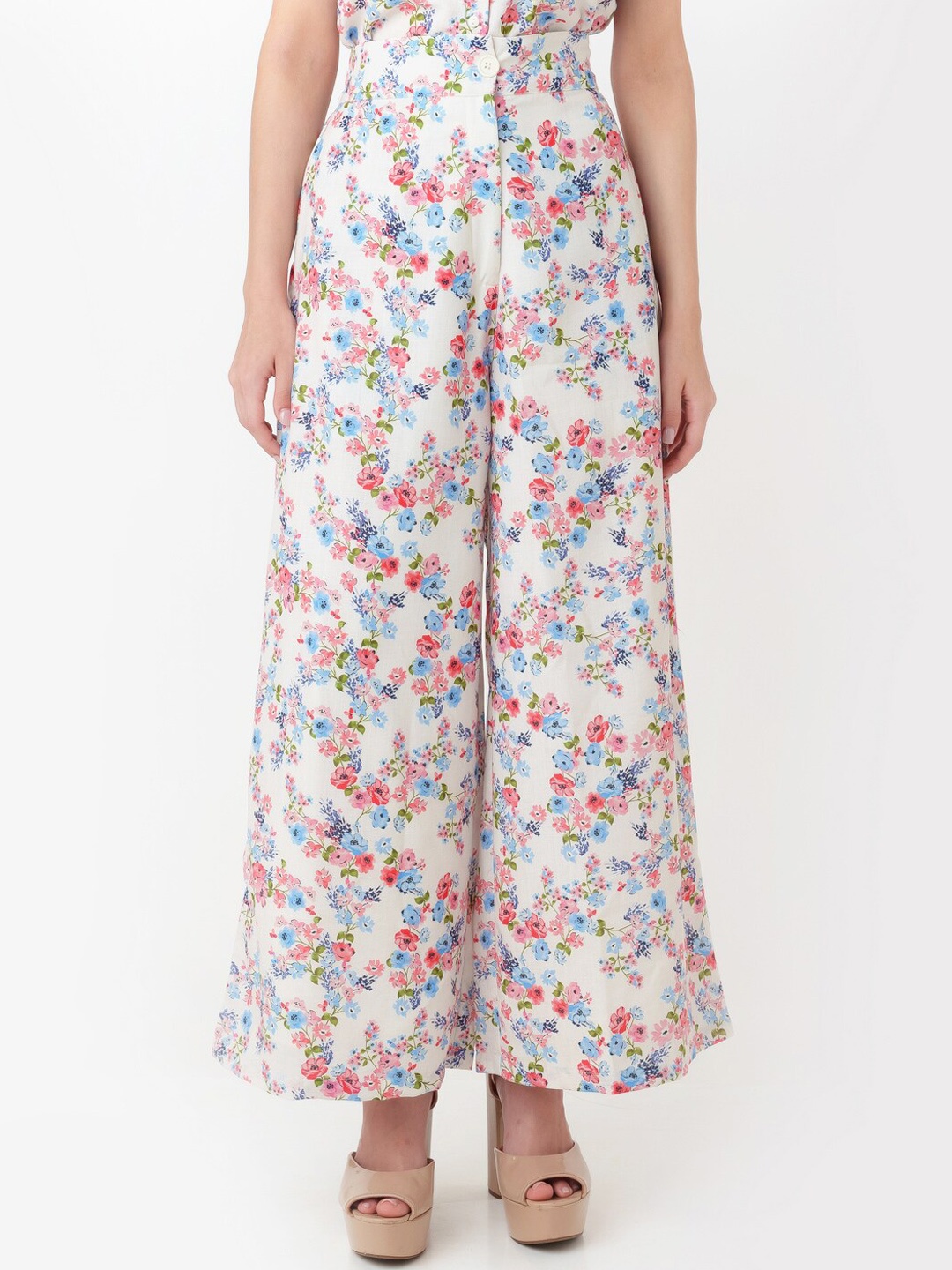 

Zink London Women Floral Printed High Rise Plain Parallel Trousers, Off white
