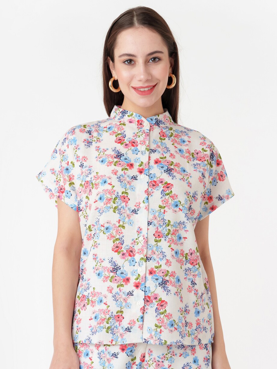 

Zink London Floral Printed Mandarin Collar Shirt Style Top, Off white