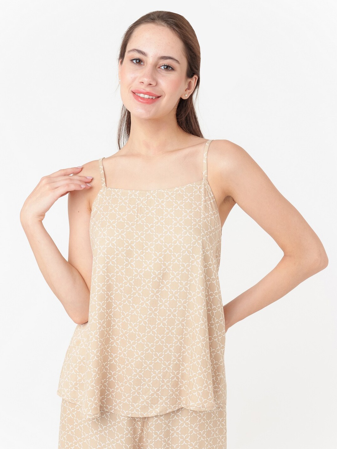 

Zink London Geometric Printed Shoulder Straps A-line Top, Beige