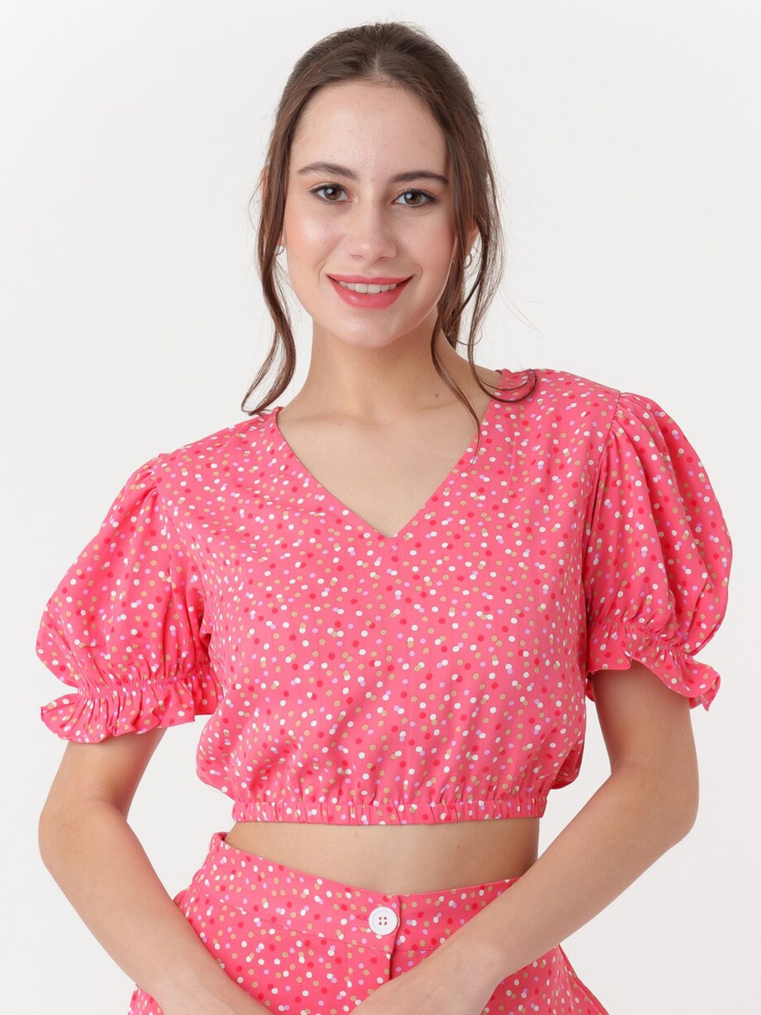 

Zink London Polka Dots Printed V-Neck Puff Sleeves Blouson Crop Top, Pink