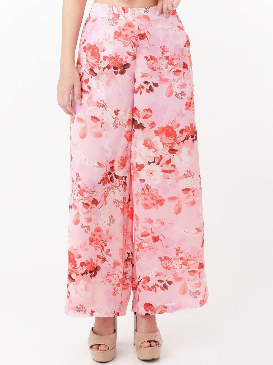 

Zink London Women Floral Printed High Rise Plain Parallel Trousers, Pink