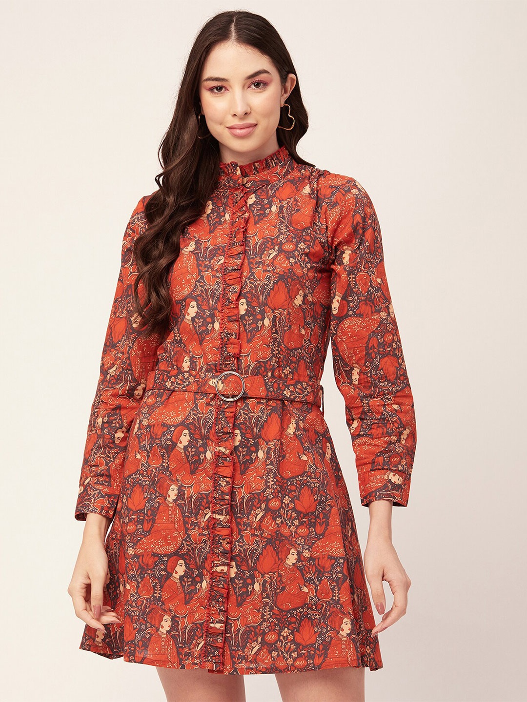 

Moomaya Floral Printed Cotton Sheath Mini Dress, Rust