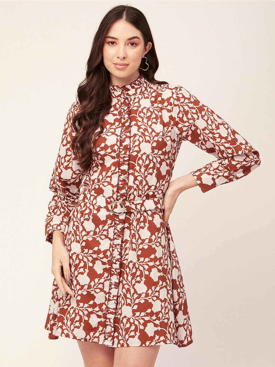 

Moomaya Floral Printed Cotton Shirt Mini Dress, Rust