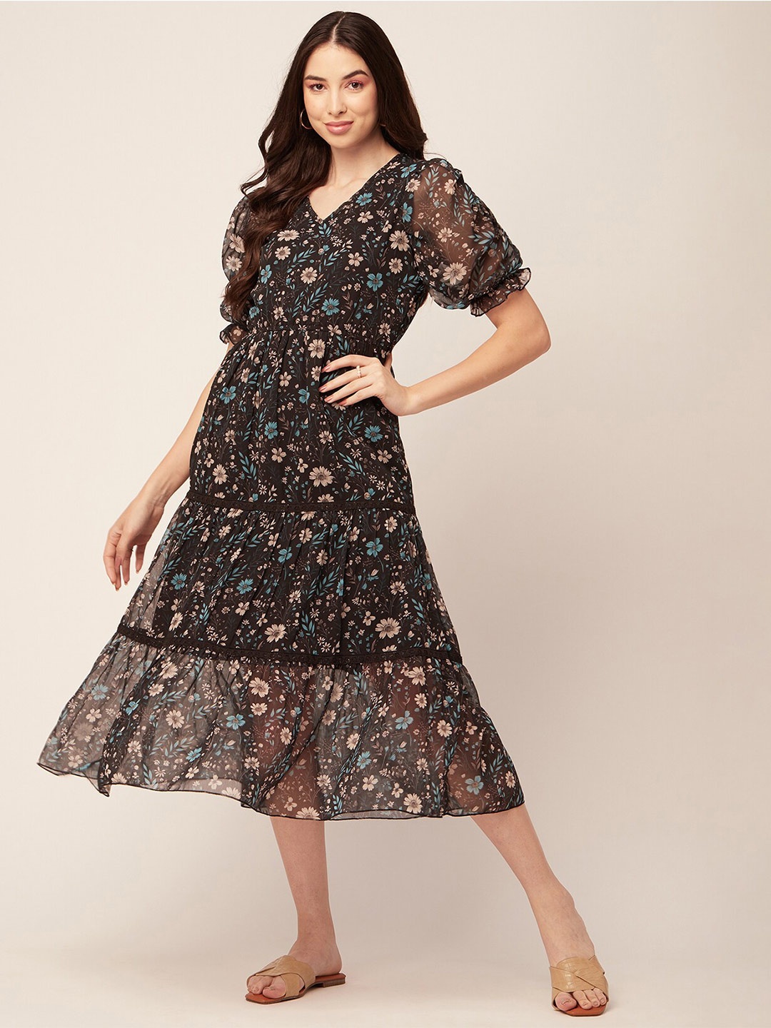 

Moomaya Floral Printed Puff Sleeves Tiered Fit & Flare Midi Dress, Black