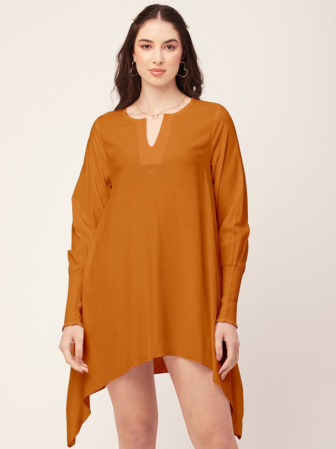 

Moomaya Notched Neck Smocked A-Line Dress, Mustard