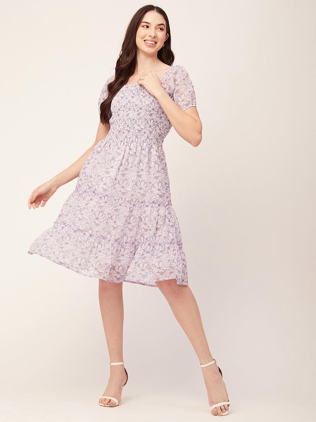 

Moomaya Floral Printed Smocked Tiered Fit & Flare Dress, Lavender