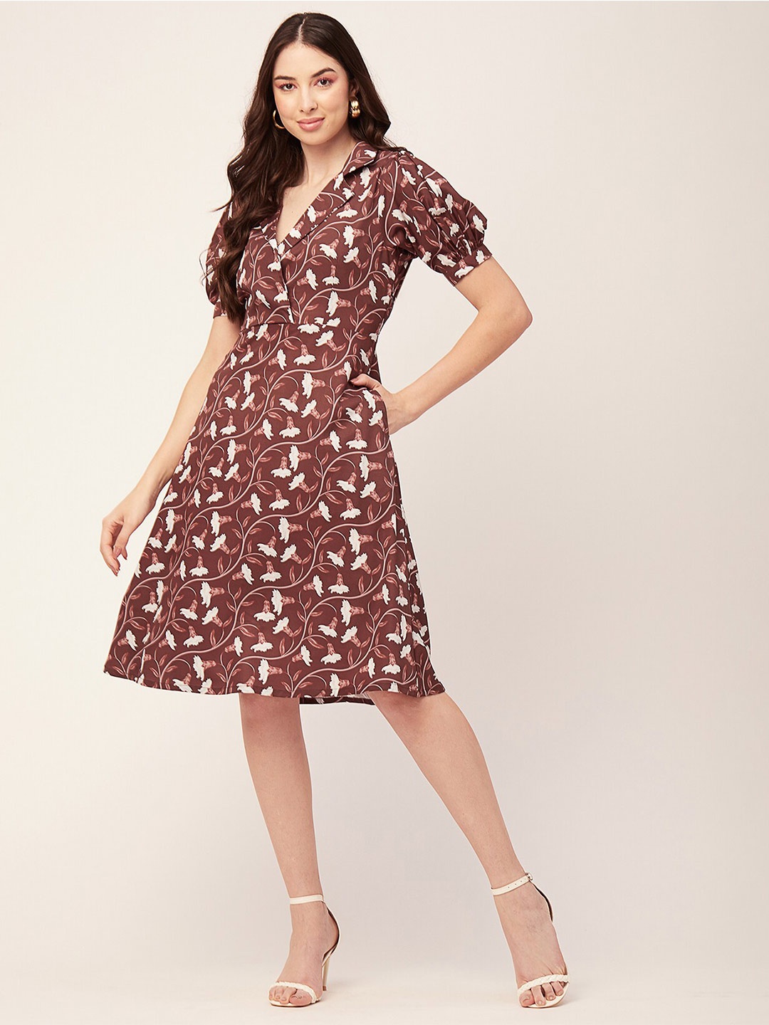 

Moomaya Floral Print Fit & Flare Dress, Brown