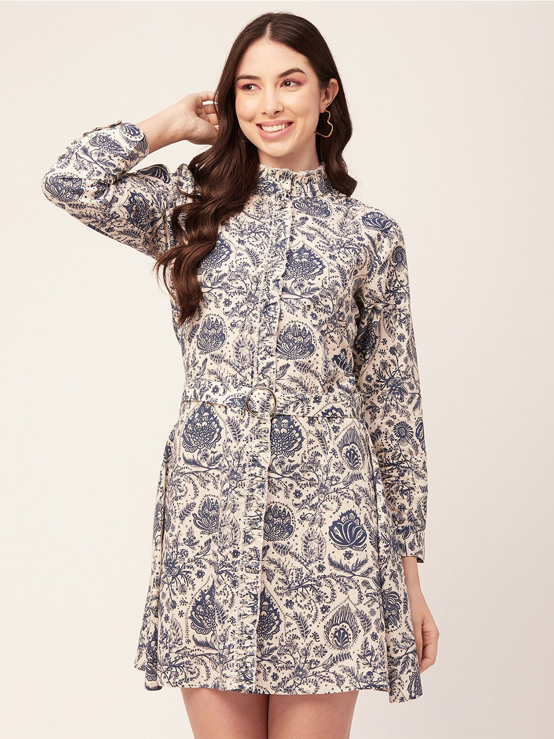 

Moomaya Ethnic Motifs Print High Neck Cotton Fit & Flare Dress, Off white