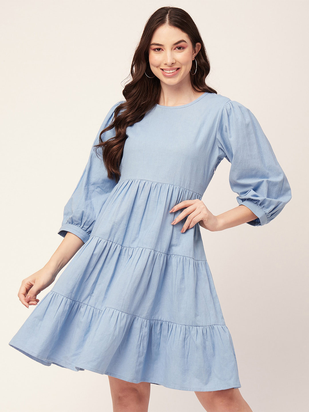 

Moomaya Puff Sleeve Cotton Fit & Flare Dress, Blue