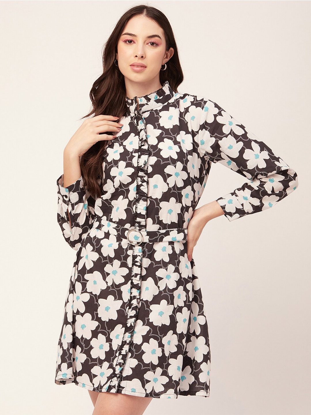 

Moomaya Floral Printed Cuffed Sleeves Shirt Dress, Black