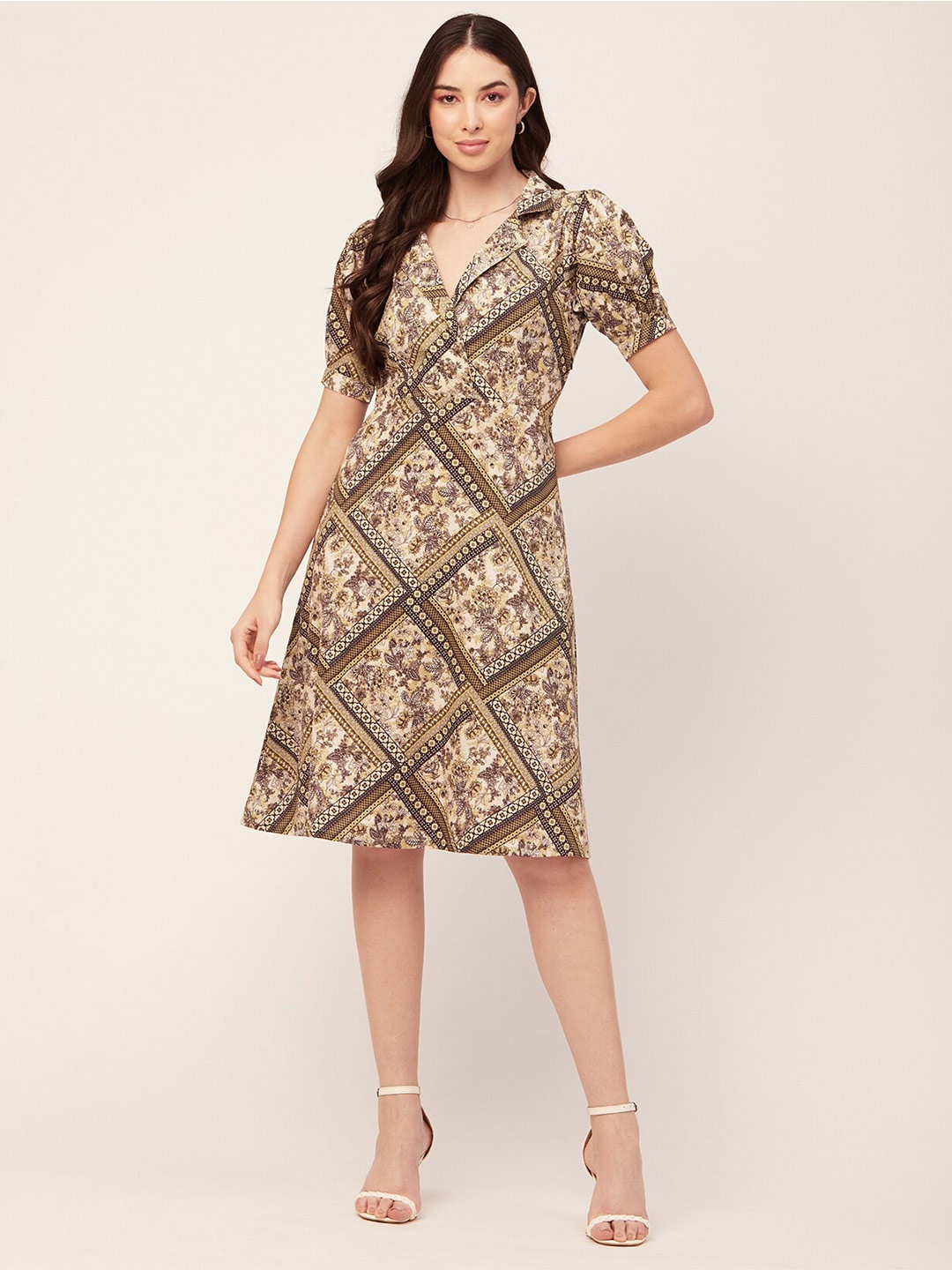 

Moomaya Ethnic Motifs Printed V-Neck Puff Sleeves A-Line Dress, Green