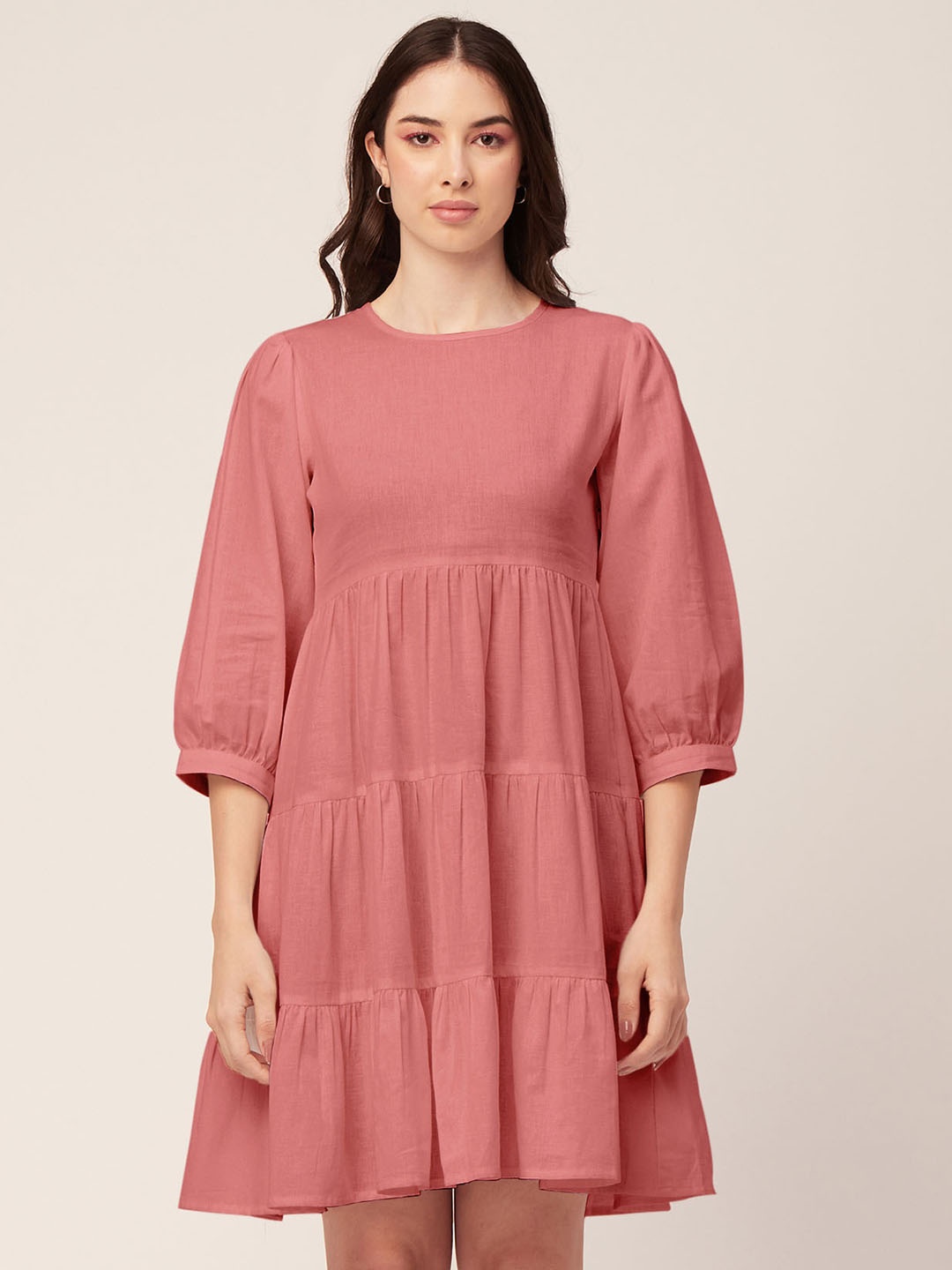 

Moomaya Puff Sleeve Cotton Fit & Flare Dress, Pink