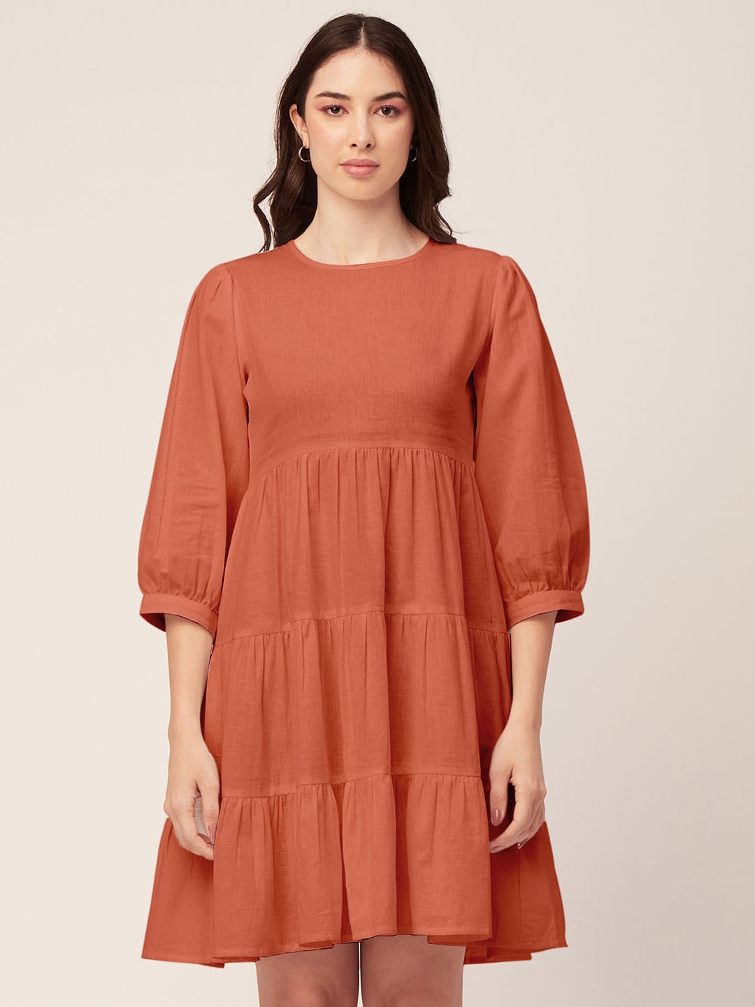 

Moomaya Puff Sleeve Cotton Fit & Flare Dress, Rust