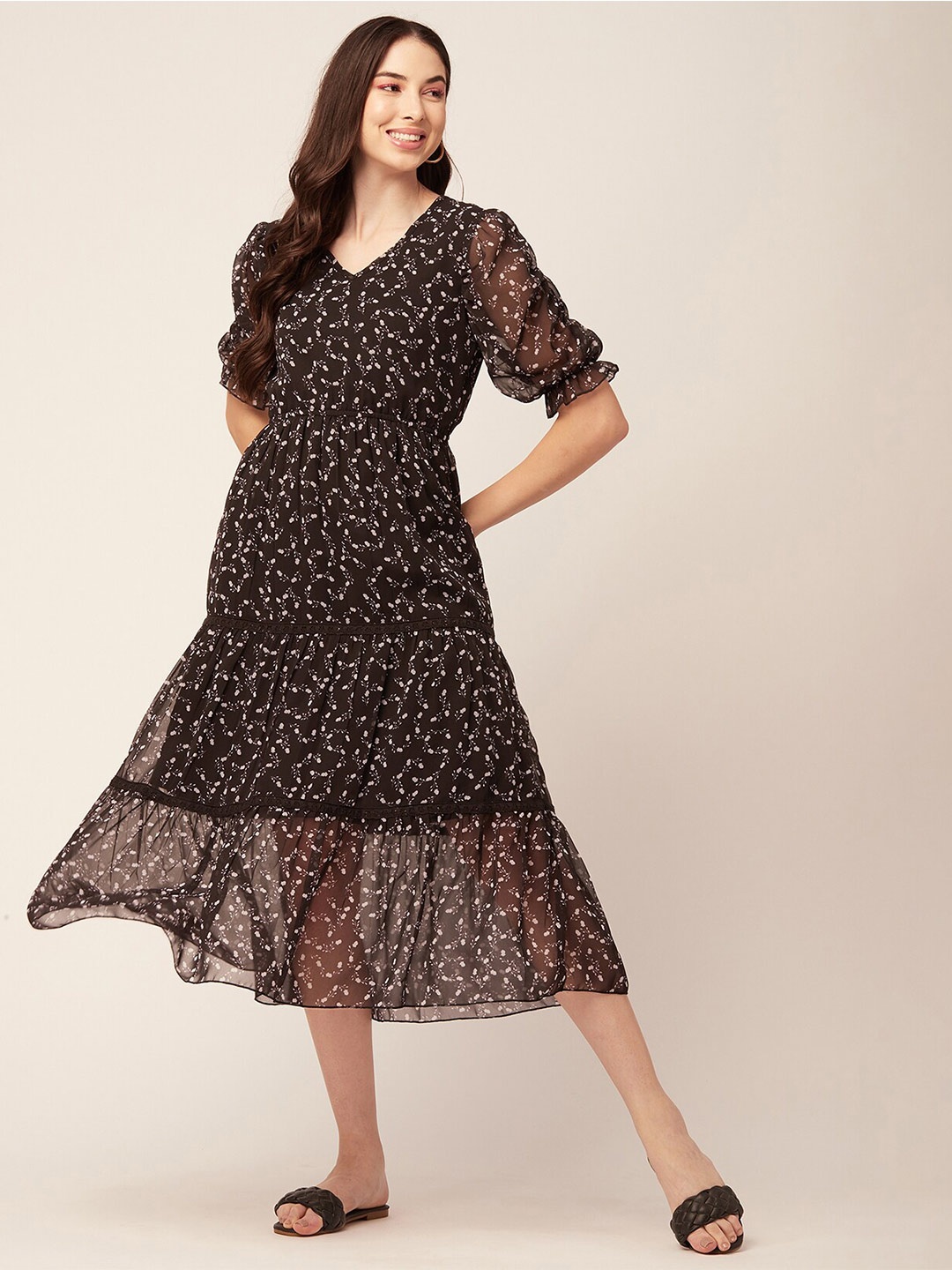 

Moomaya Floral Printed Puff Sleeves Georgette A-Line Midi Dress, Black