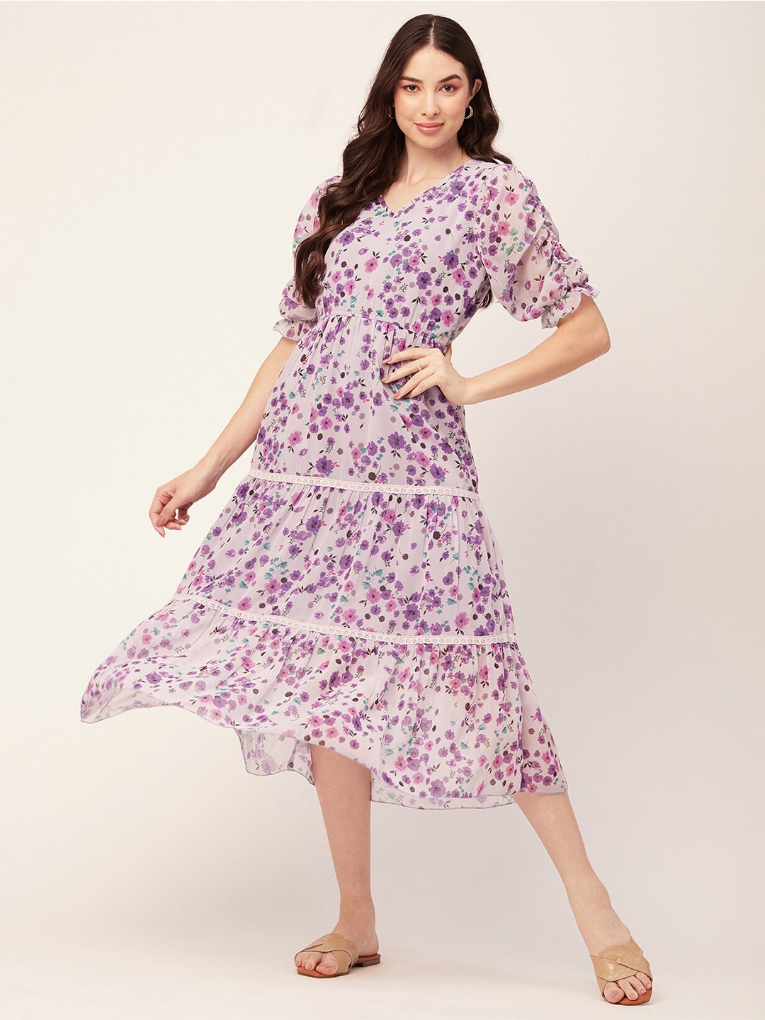 Moomaya Floral Printed Tiered Fit & Flare Midi Dress, Lavender