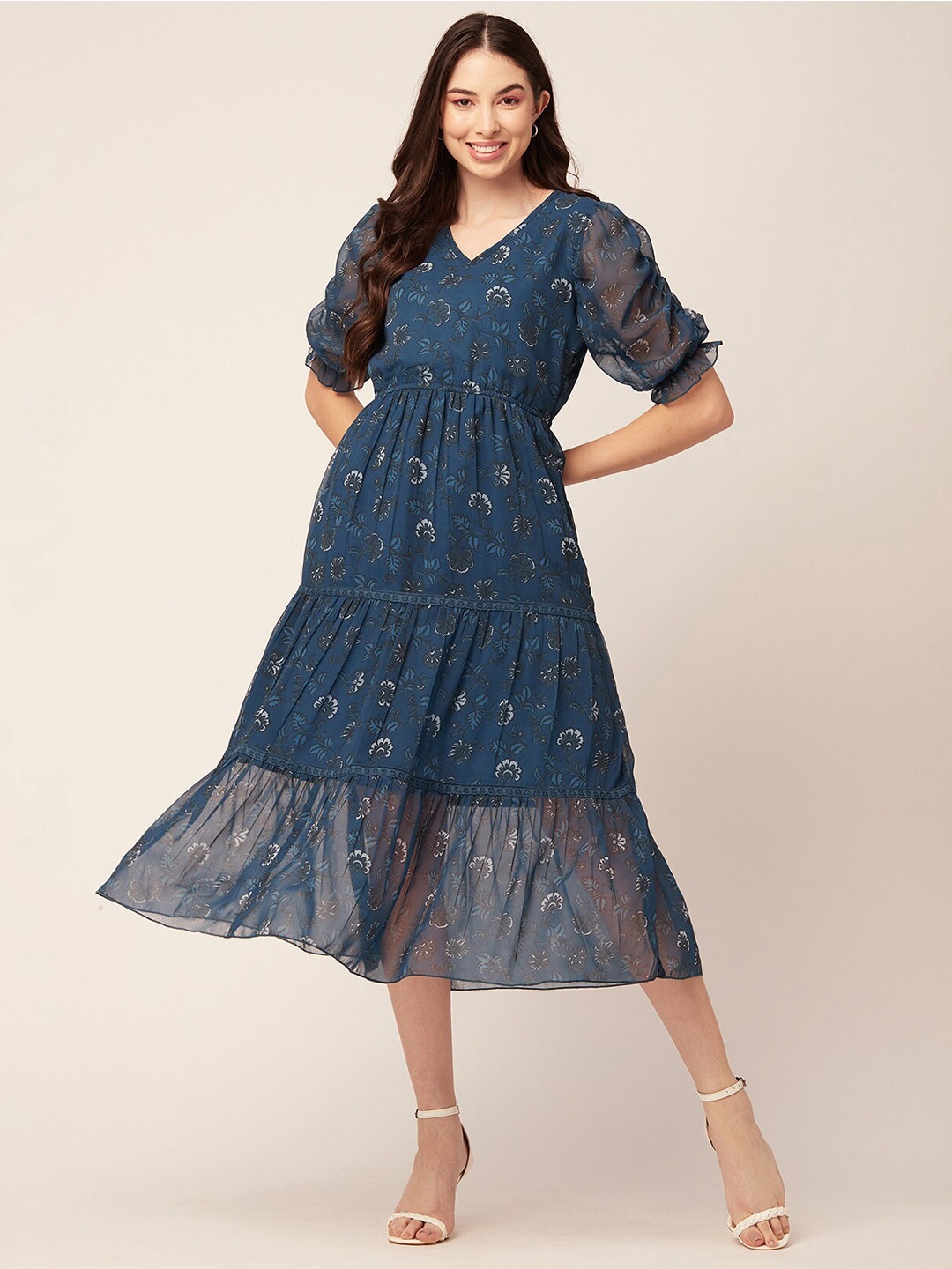 

Moomaya Floral Printed Puff Sleeves Georgette Empire Midi Dress, Blue