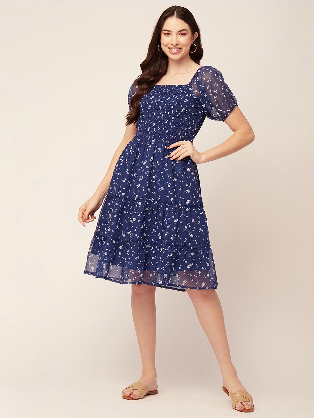 

Moomaya Floral Print Puff Sleeve Smocked Fit & Flare Dress, Blue