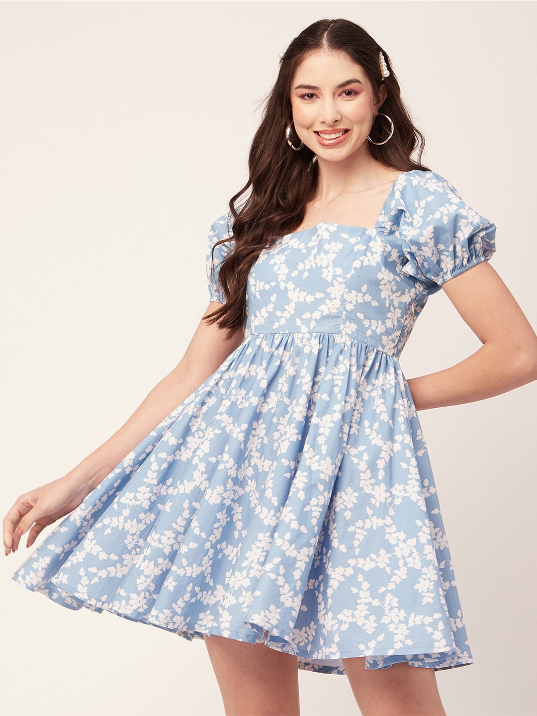

Moomaya Floral Print Puff Sleeve Cotton Fit & Flare Dress, Blue