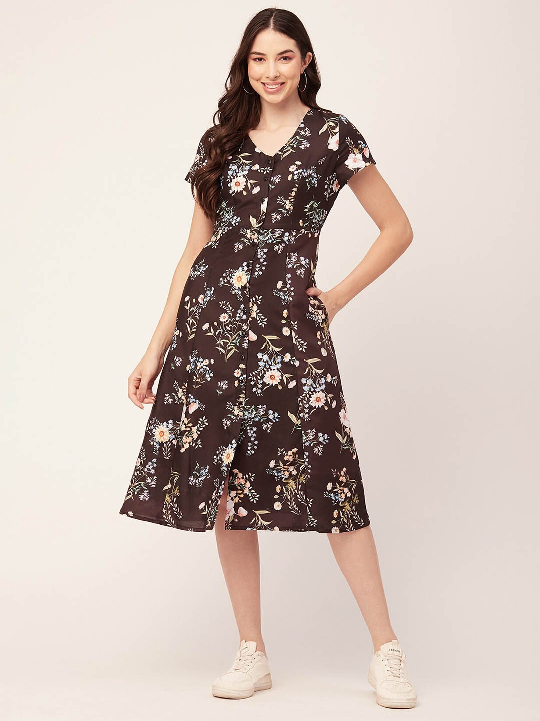 

Moomaya Floral Printed V-Neck A-Line Midi Dress, Brown