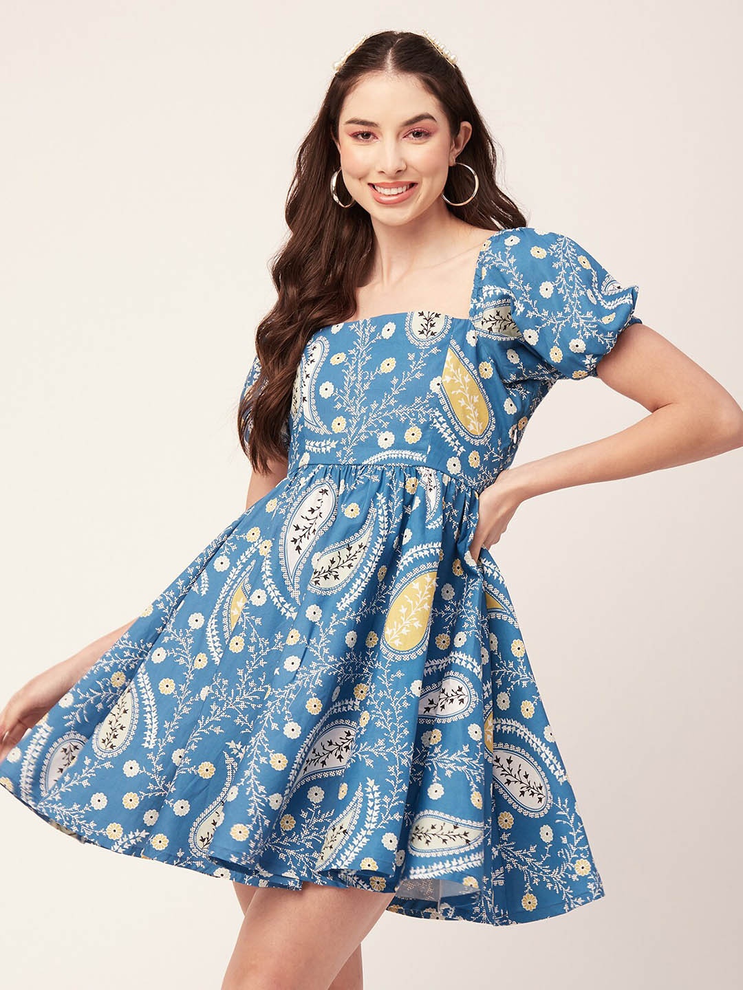 

Moomaya Ethnic Motifs Printed Puff Sleeves Fit & Flare Dress, Blue