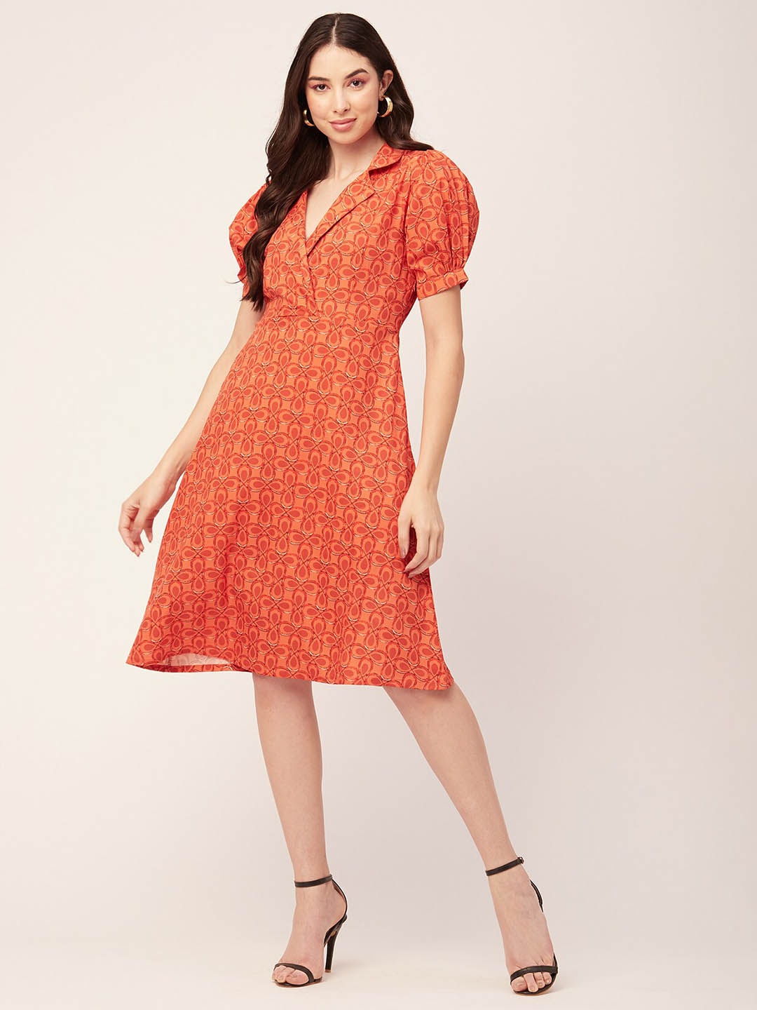 

Moomaya Floral Printed Puff Sleeves A-Line Dress, Orange