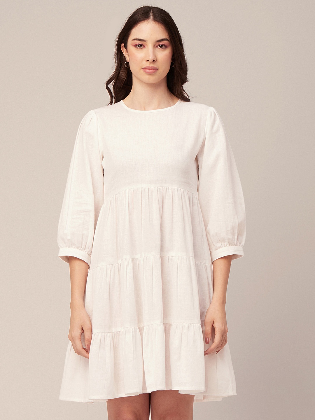 

Moomaya Puff Sleeves Cotton Fit and Flare Dress, White