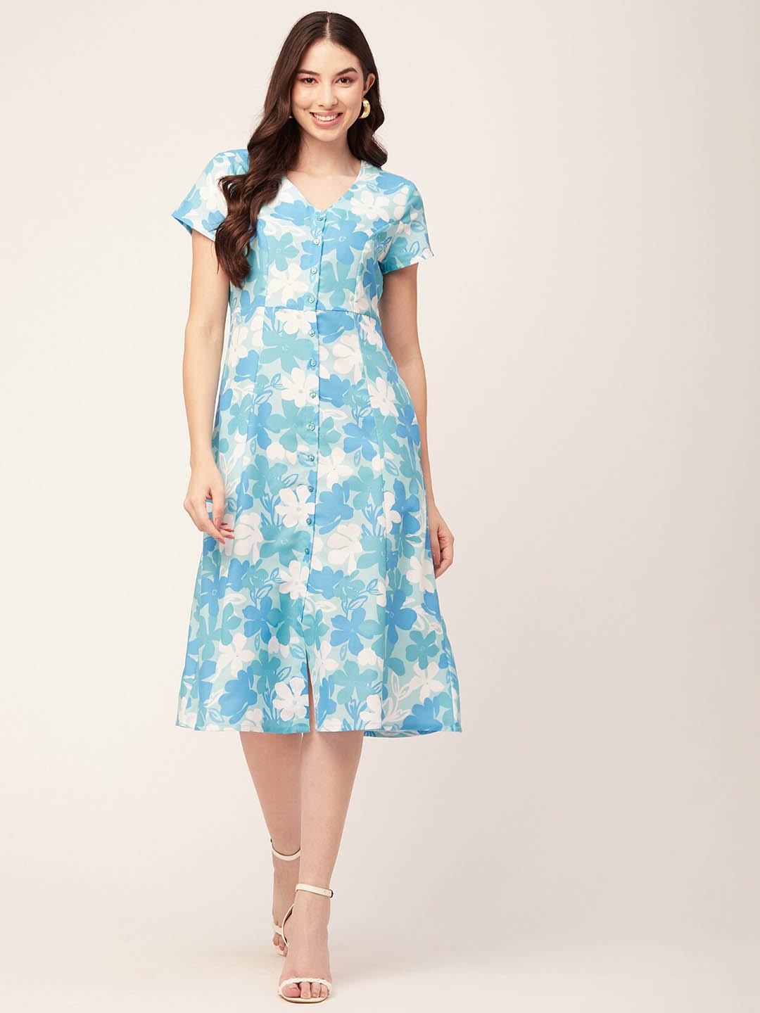 

Moomaya Floral Printed V-Neck A-Line Midi Dress, Blue