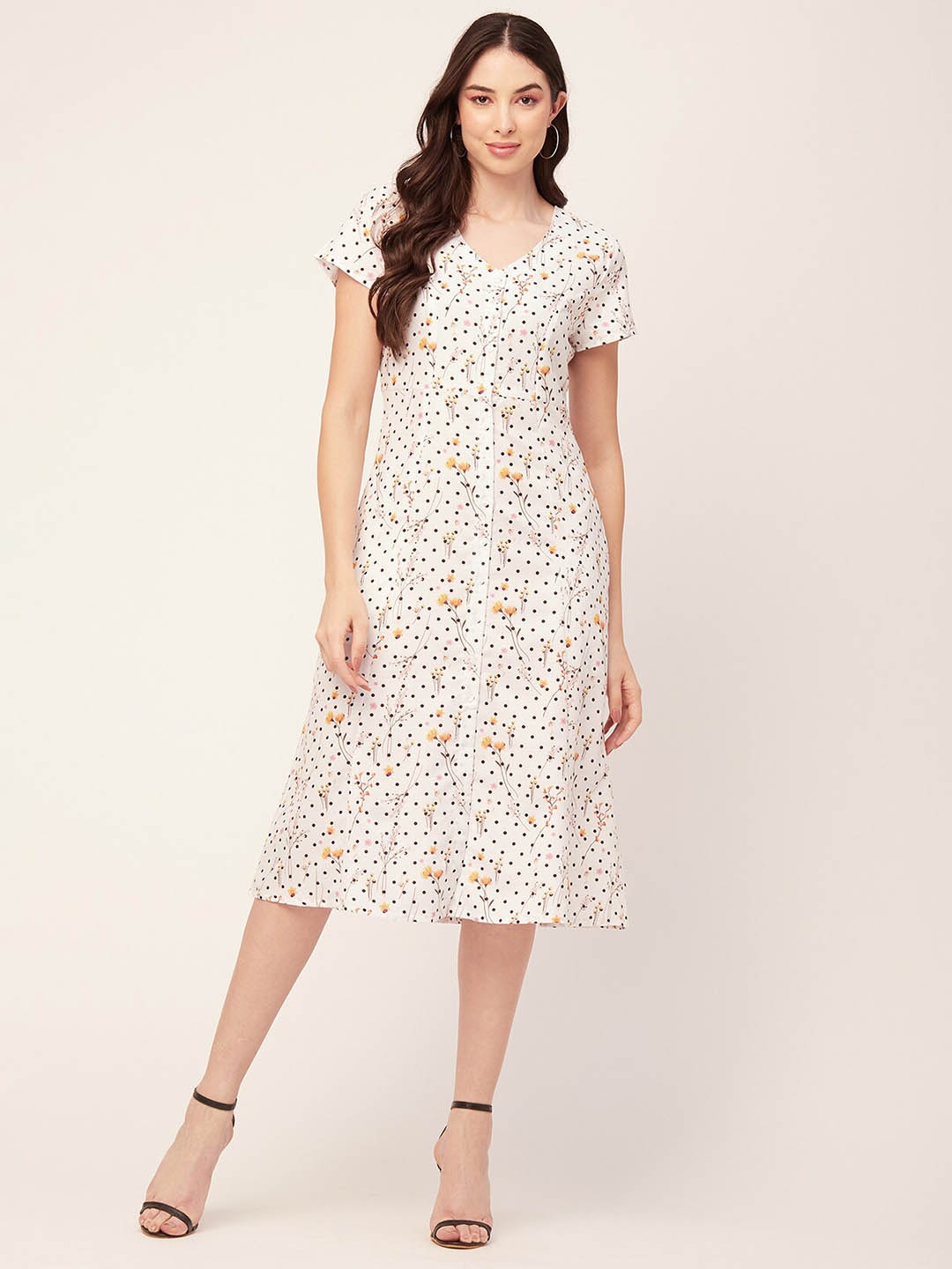 

Moomaya Floral Printed A-Line Midi Dress, White