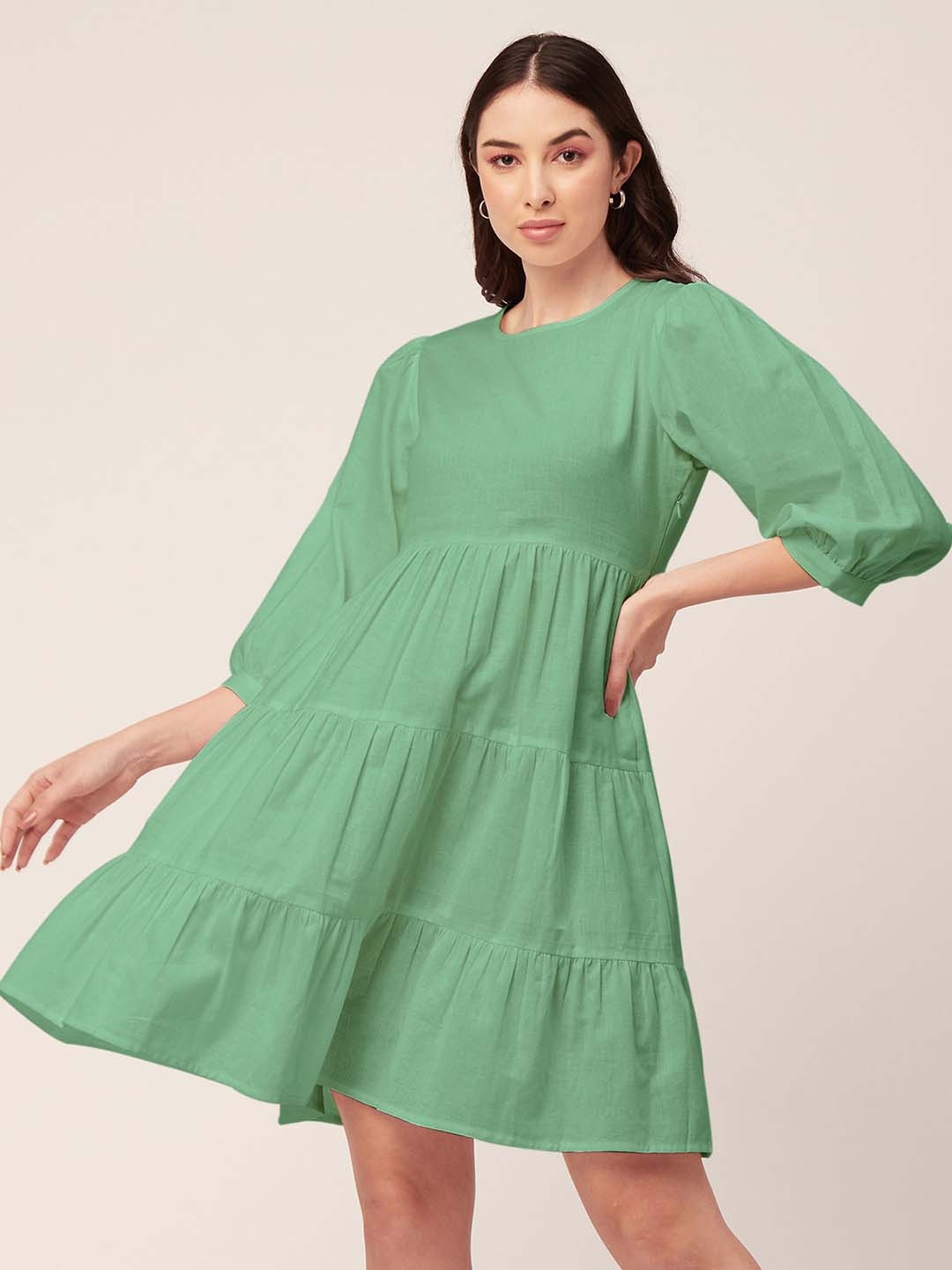 

Moomaya Puff Sleeves Cotton Empire Dress, Green