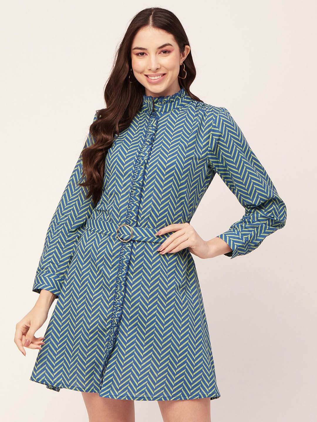 

Moomaya Gemetric Printed Cuffed Sleeves Shirt Dress, Blue