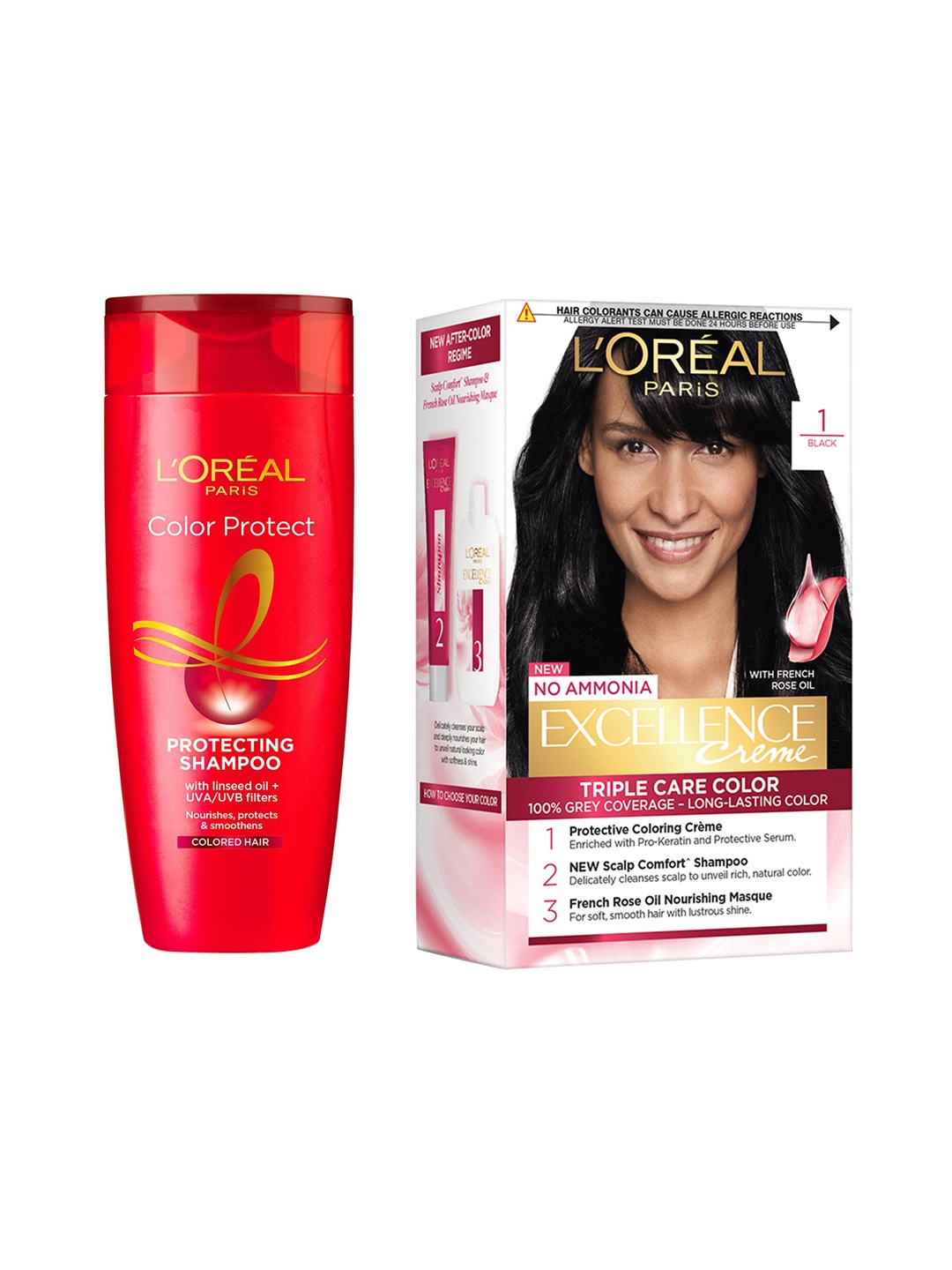 

LOreal Paris Color Protect Shampoo 180ml & Excellence Creme Hair Color - Black 1, Red