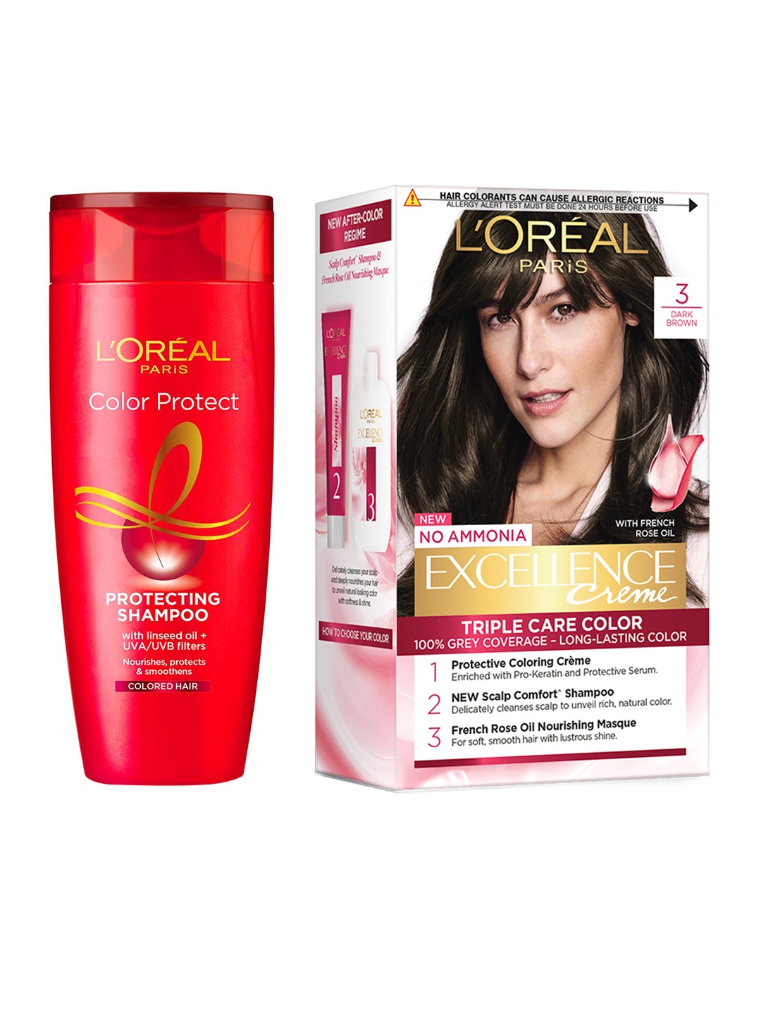 

LOreal Paris Color Protect Shampoo 180ml & Excellence Creme Hair Color - Dark Brown 03, Red