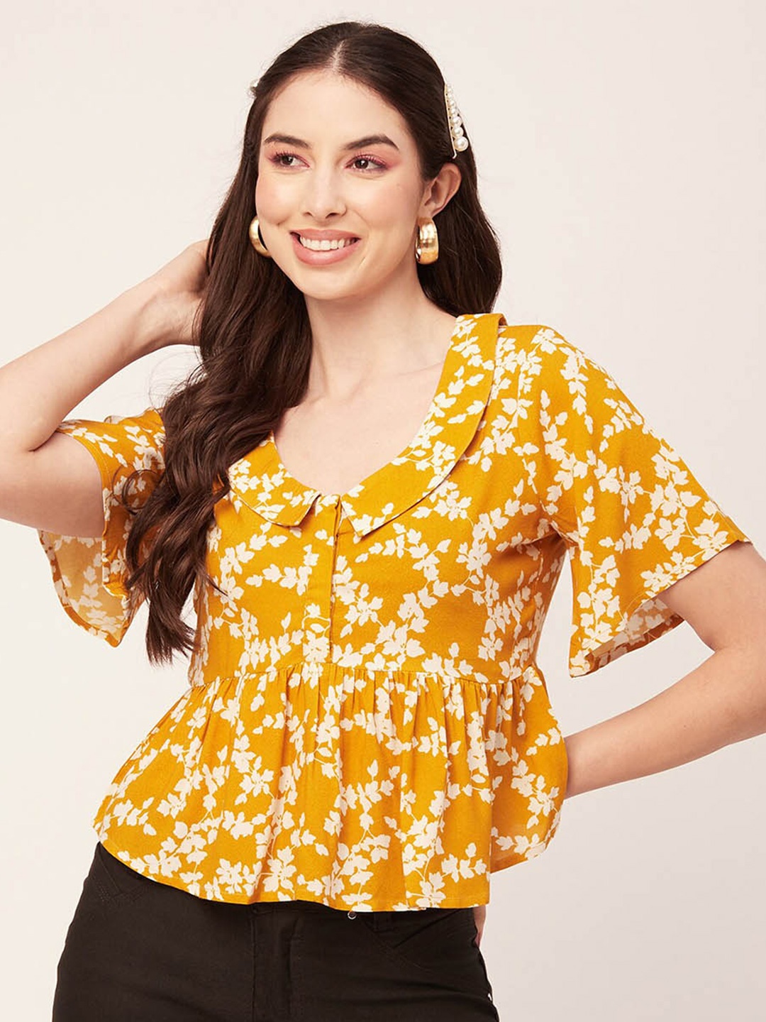 

Moomaya Floral Printed Flared Sleeves Peplum Top, Yellow