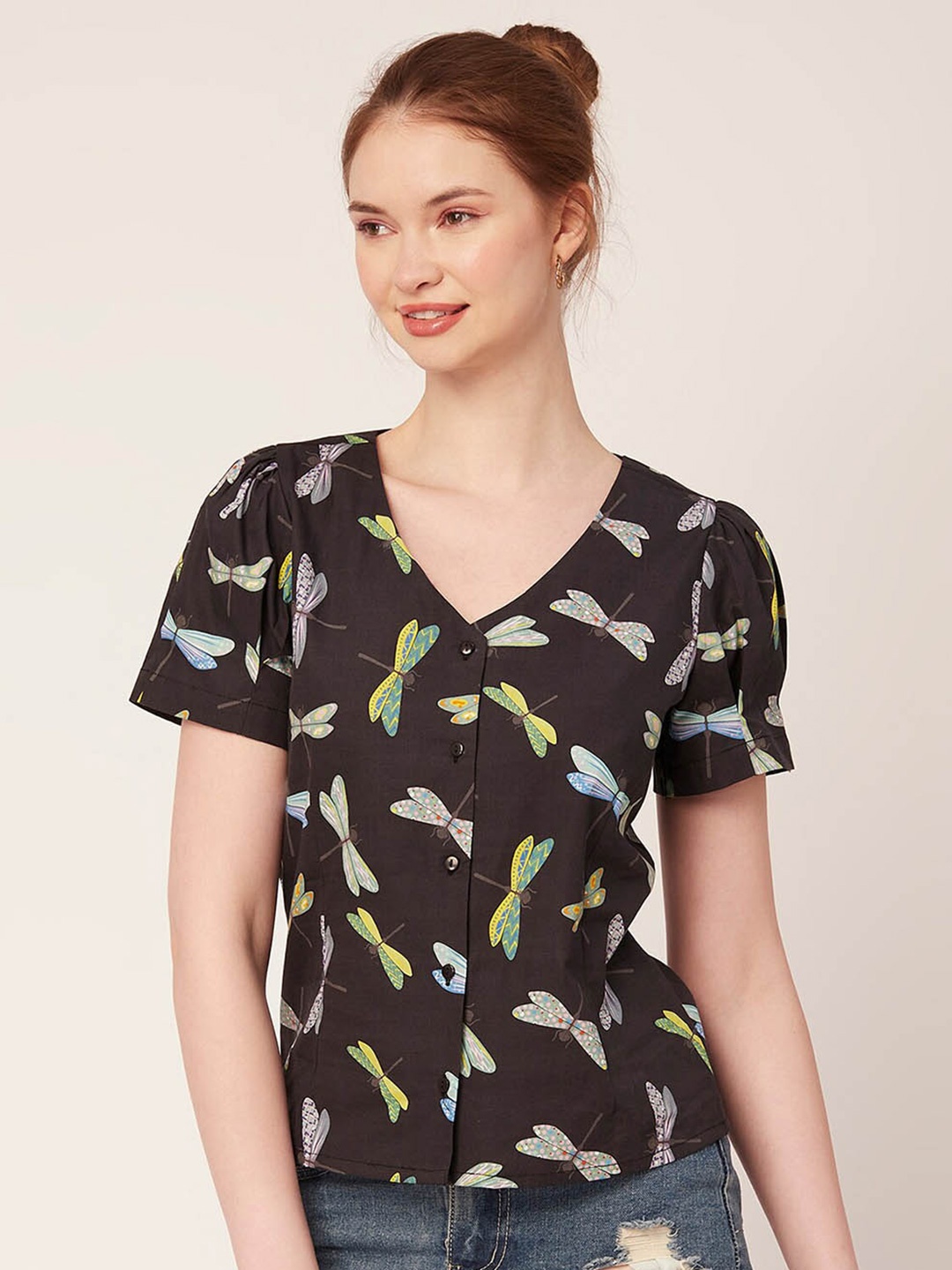 

Moomaya Conversational Printed Puff Sleeves Cotton Top, Black