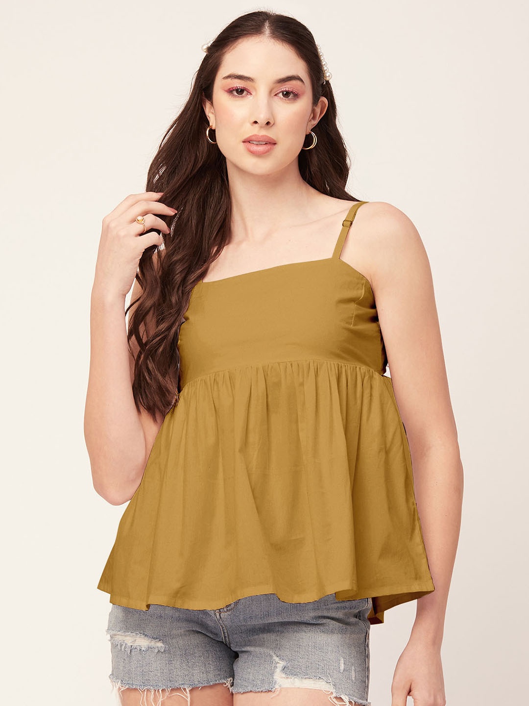 

Moomaya Shoulder Straps Cotton Empire Top, Mustard