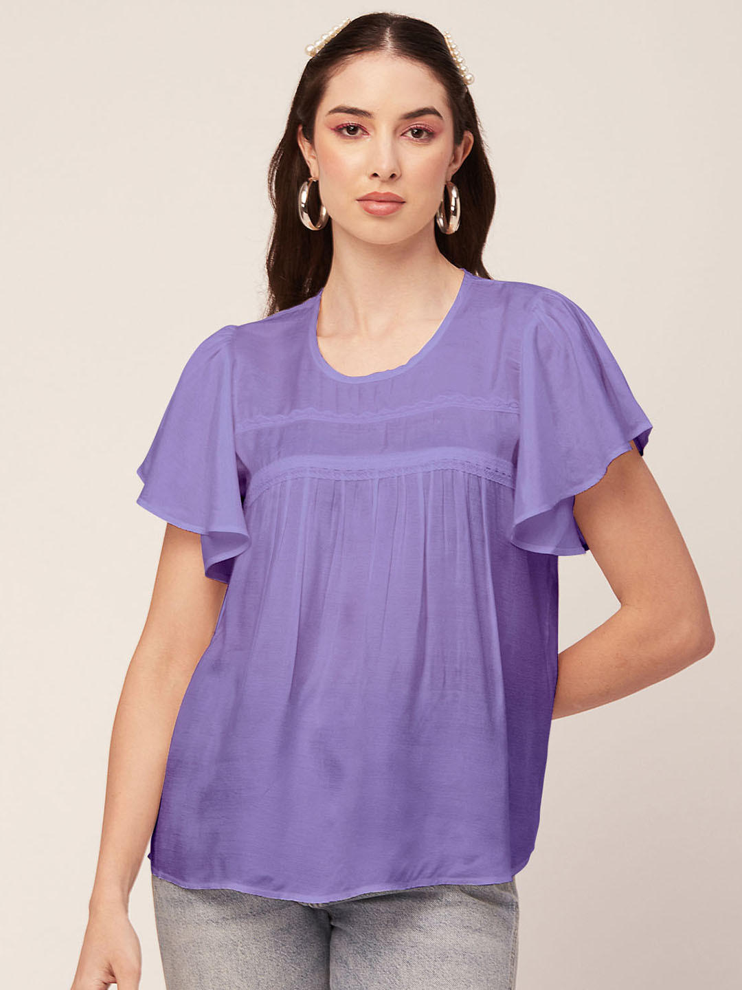 

Moomaya Flutter Sleeve Lace Inserts Detail A-Line Top, Lavender